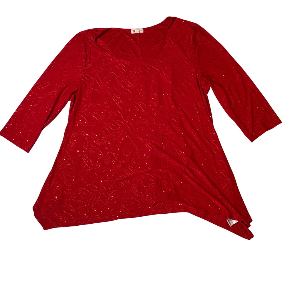 Blue Mood Womens 2X Red Sequin Floral Swirl Sharkbite Tunic Top 3/4‎ Sleeve